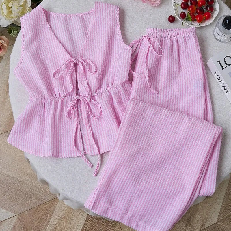 2026 Summer Solid Color Striped Suit Casual Lace All-match Vest Loose Lace Trousers Casual Sweet Suit Women's Two-piece Set
