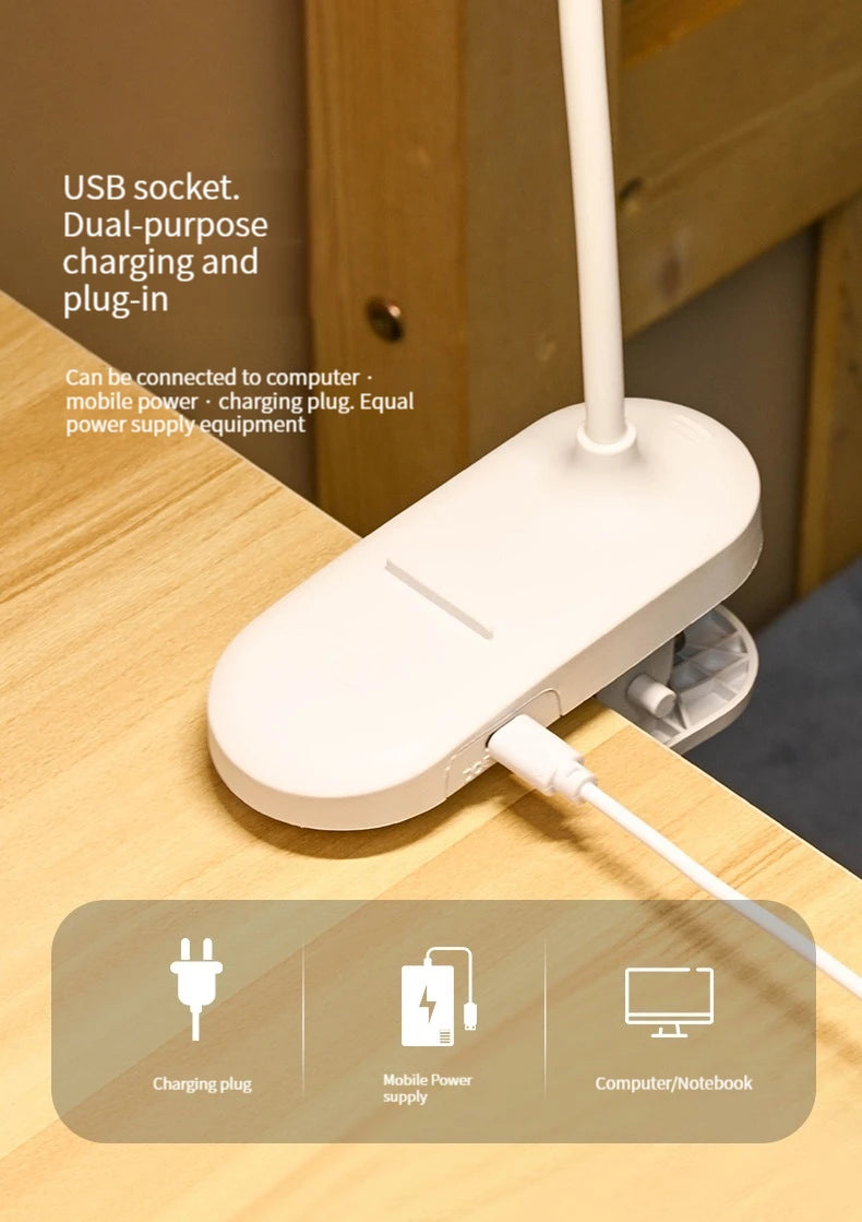 Clip-On Desk Lamp with Eye Care, USB Rechargeable & Plug-in Dimmable LED Light, Adjustable Study Lamp for College Dorm, Bedroom