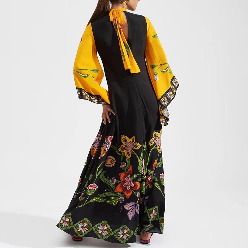 Ethnic Retro Spring Print Boho Long Dress Women Sexy Stand Collar Lace-up Party Dress Fall Long Sleeve Loose Ladies Maxi Dresses