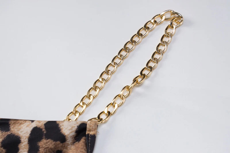 Leopard Print Women Chain Strap Side Slit Maxi Dress Backless Bodycon Sexy Streetwear Festival 2024 Evening Elegant