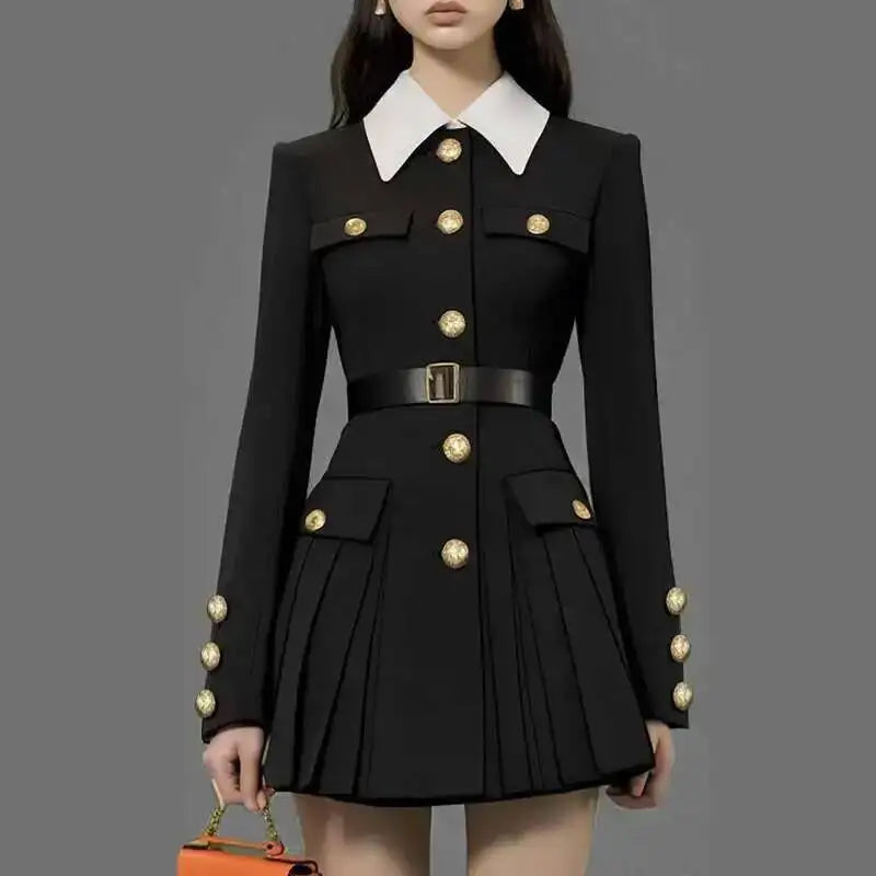 Luxury Quality 2026 Spring Autumn Single Breasted Golden Button Long Full Sleeve Blazer Suit Coat Pleated Short Dresses Women