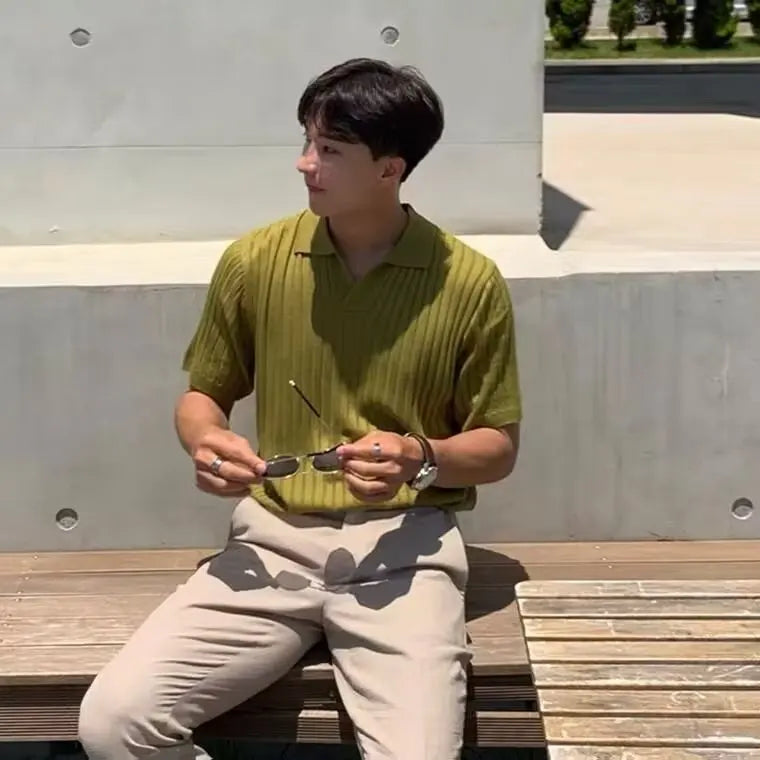 Trendy Polo Shirt for Men Summer Solid Color Top Versatile Knit Style Korean Short Sleeves Casual Fashion T-shirt