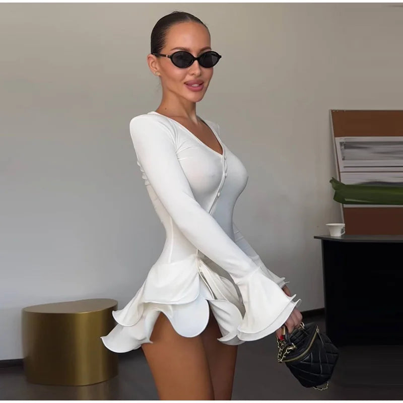 Chic Ruffle Hem Women's Dress V-Neck Long Sleeve Waist-Closed Buttons Solid Lady Mini Dresses 2026 Summer Fashion Female Robe