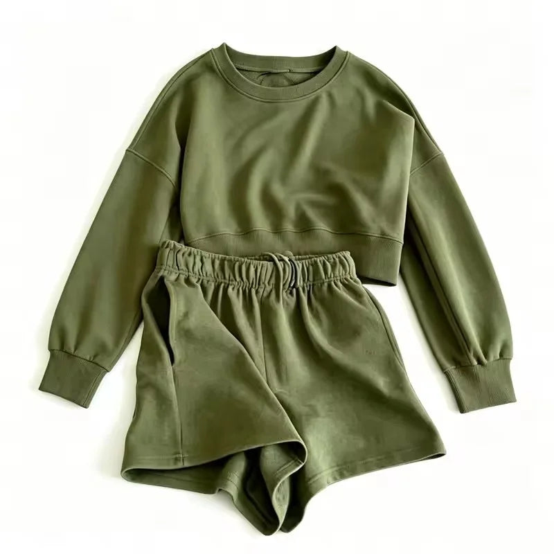 spring autumn Womens Round neck long sleeve Sweatshirt Two Piece Set Casual Sweatshirt+shorts Womens suit Daily Womens Tracksuit