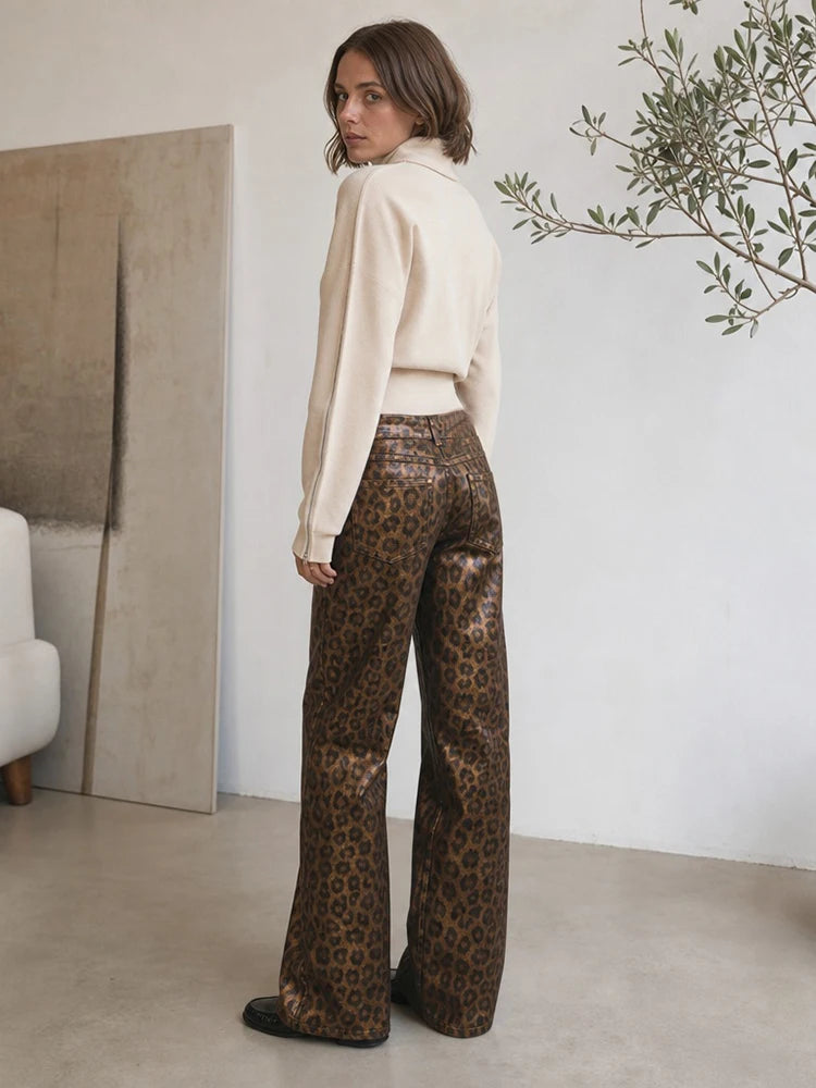 Leopard Print Luster Wide Leg Pants Vintage High Waist Straight Trousers 2026 New Casual Club Daily Street Women's Bottom