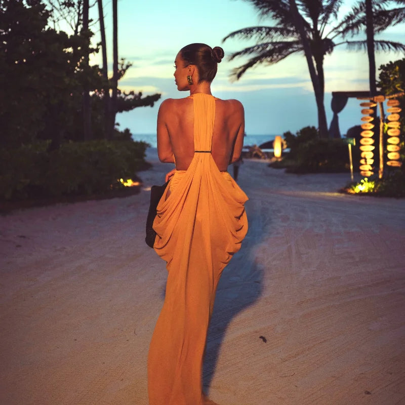 Chic Bohemian Yellow Dress Draped Chiffon Vintage Women Dresses Party Summer Vacation Beach Trendy Streetwear