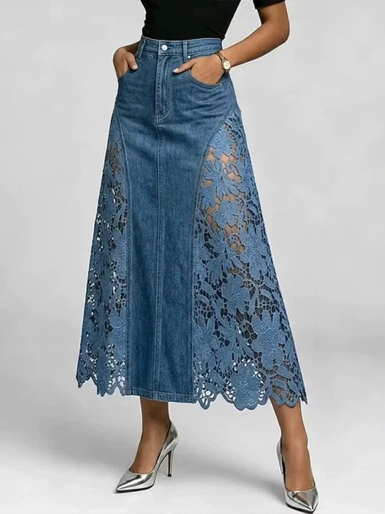 SHENGPALAE Women Denim Midi Skirt High Waist Bodycon Washed Lace Splicing Elegant Casual Floral Hollow Summer 2026 New 05E03125