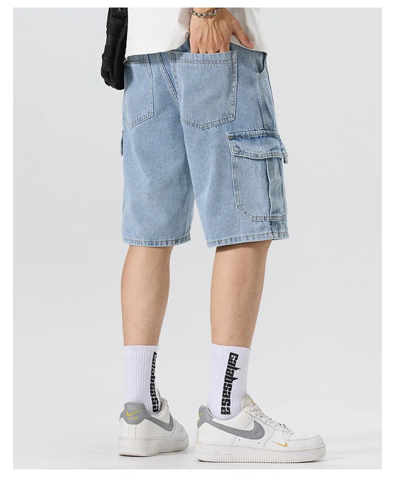 Men's Fashion Cargo Denim Shorts Summer Streetwear Multi-Pocket Casual Knee Length Stretch Five-Point Jeans Shorts Male Trendy
