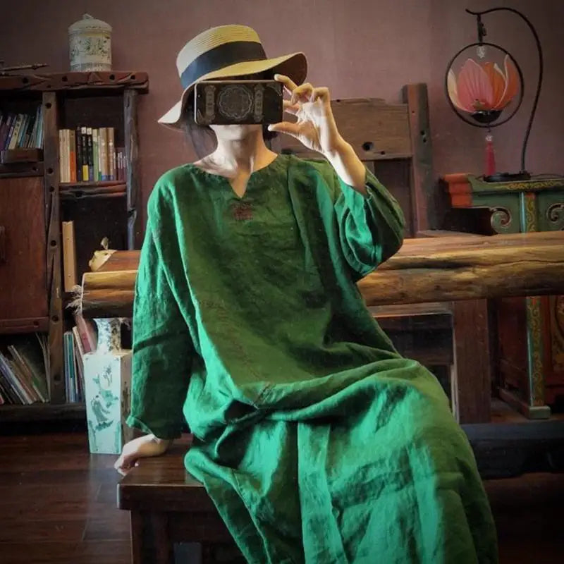 2024 Spring Autumn New Arts Style Women Long Sleeve V-neck  A-line Dresses Vintage Embroidery Cotton Linen Loose Long Dresses