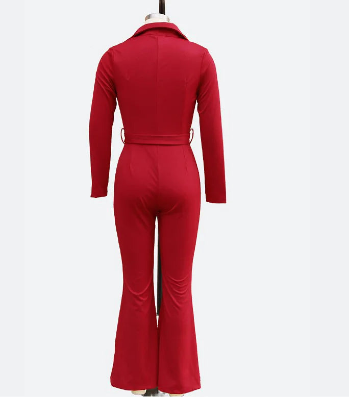 Women's Autumn Winter Elegant Turn Collar Long-Sleeve Shirt Jumpsuit Rompers