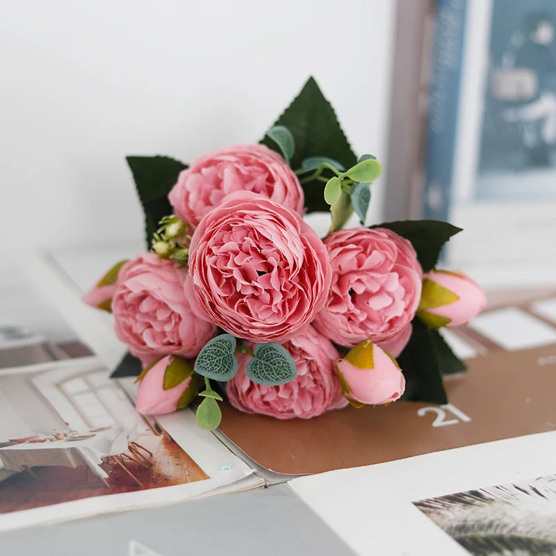 Peony Artificial Flower Exquisite Wedding Bridal Party Bouquets Home Vase Accessories Fake Christmas Table Garden Backdrop Decor