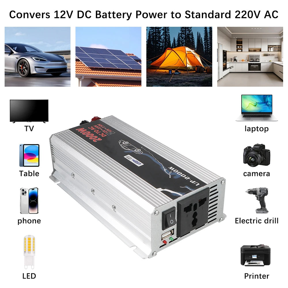2000W DC/AC Inverter 12V To 110V 220V AC Power Socket With USB Charger Switch Car Inverter Solar Power Storage Battery Converter