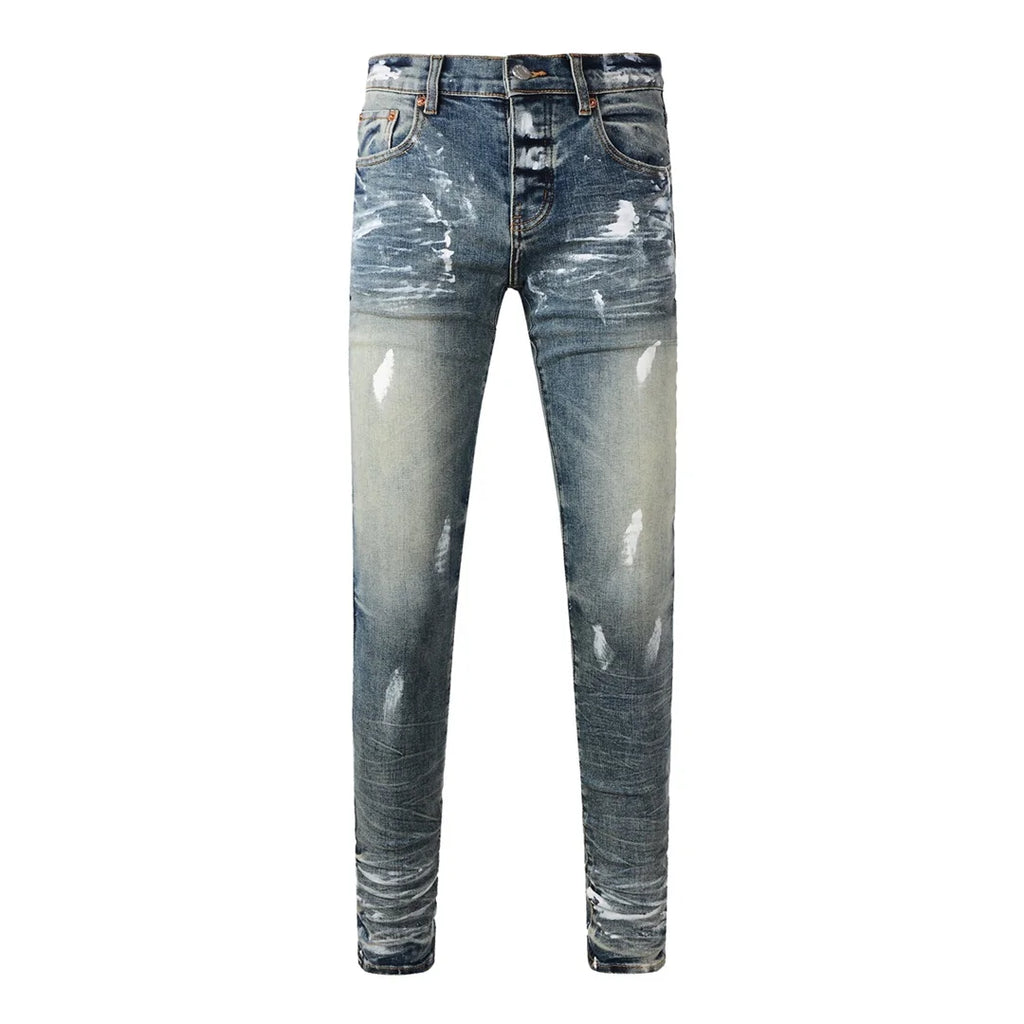 High Street American Distressed Men's Jeans Fashion Brand Coated Blank Stretch Skinny Button Fly Ripped Pants Trousers
