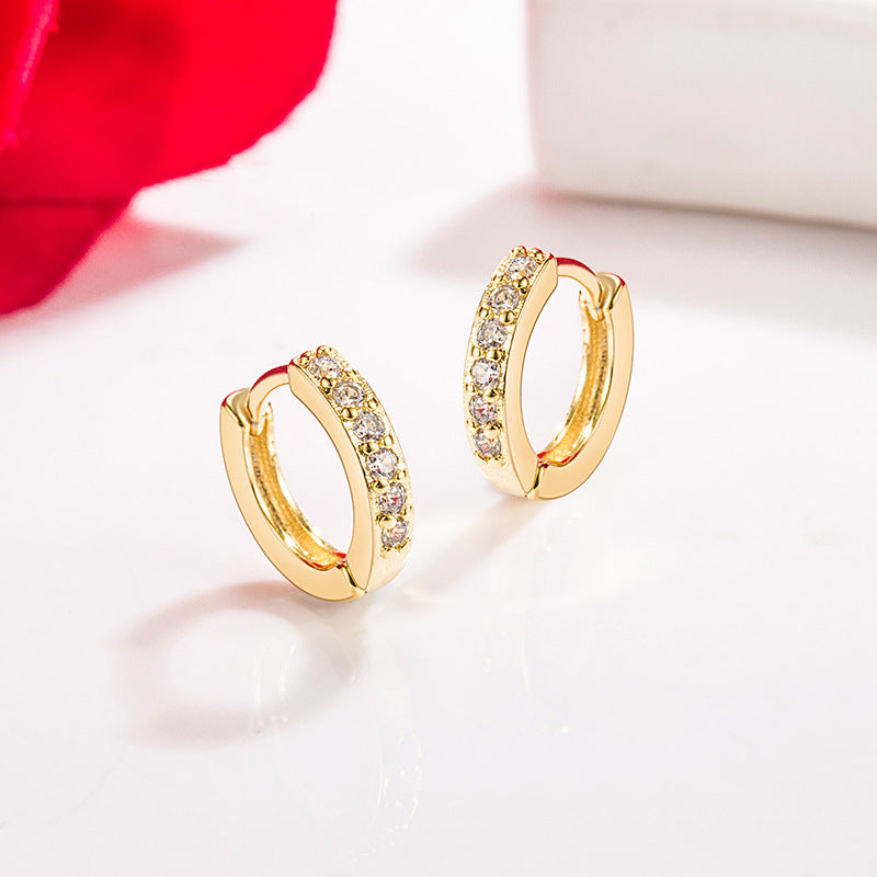 14K Gold emerald Jewelry Stud Earrings for Females Single Row Full Drill Buckle Aros Mujer Oreja Real 14 K Yellow Gold Orecchini