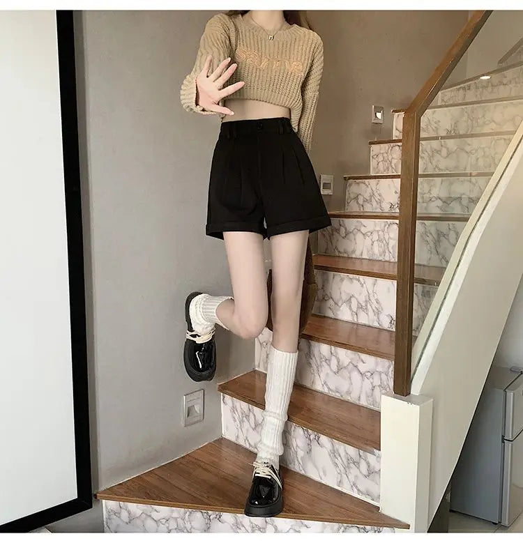Women Office Lady Summer 2025 Solid Brown Thick High Waist Shorts Korean Style Wide Leg Boot Pants