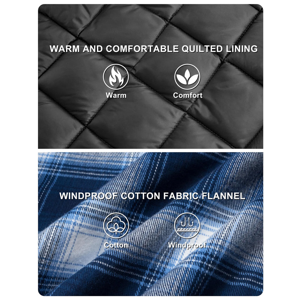 MAGCOMSEN Flannel Shirt with Quilted Lined Jacket Mens Long Sleeve Plaid Shirt Coat Button Down Outerwear Winter Male