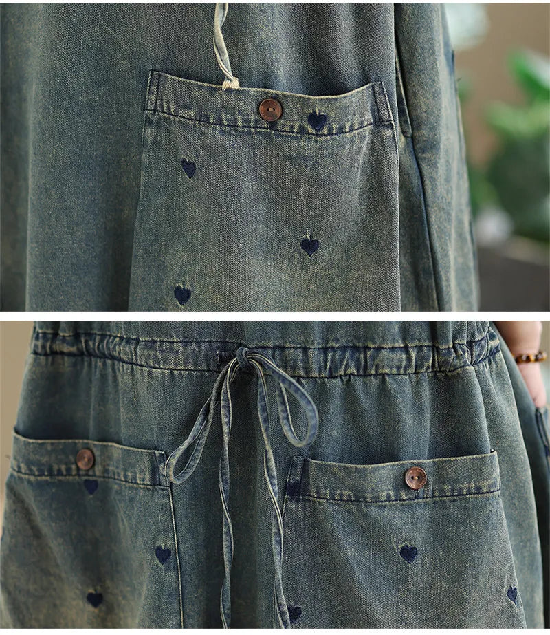Original Denim Suspender Dres for Women Summer Fashion Vintage Big Pocket Mid-long Frocks Female Hip Hop Baggy Streetwear