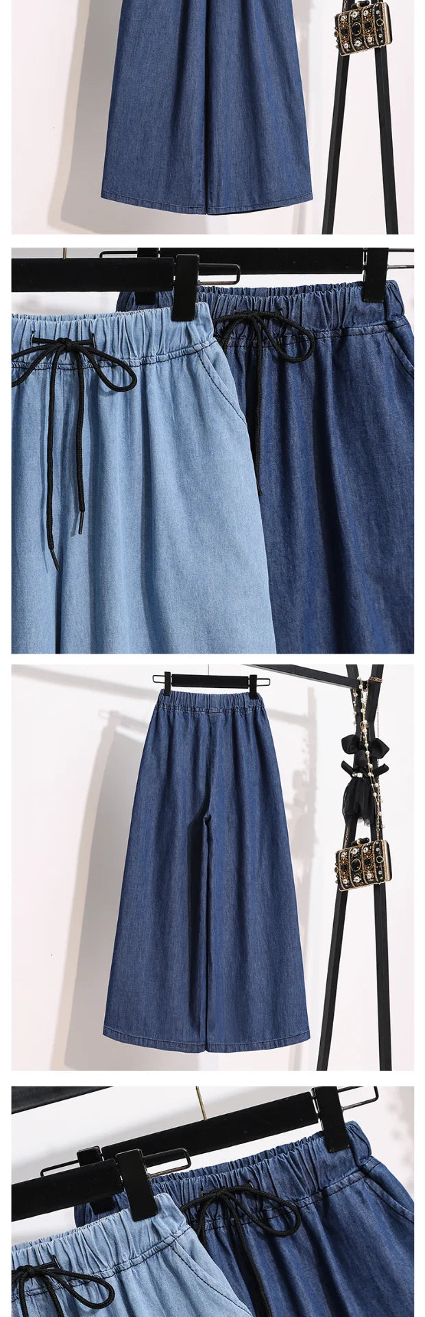 Loose Waist Dstring Denim Wide Leg Pants Women's plus Size Slimming Casual Straight Workwear Seven-Foot Pants Summer