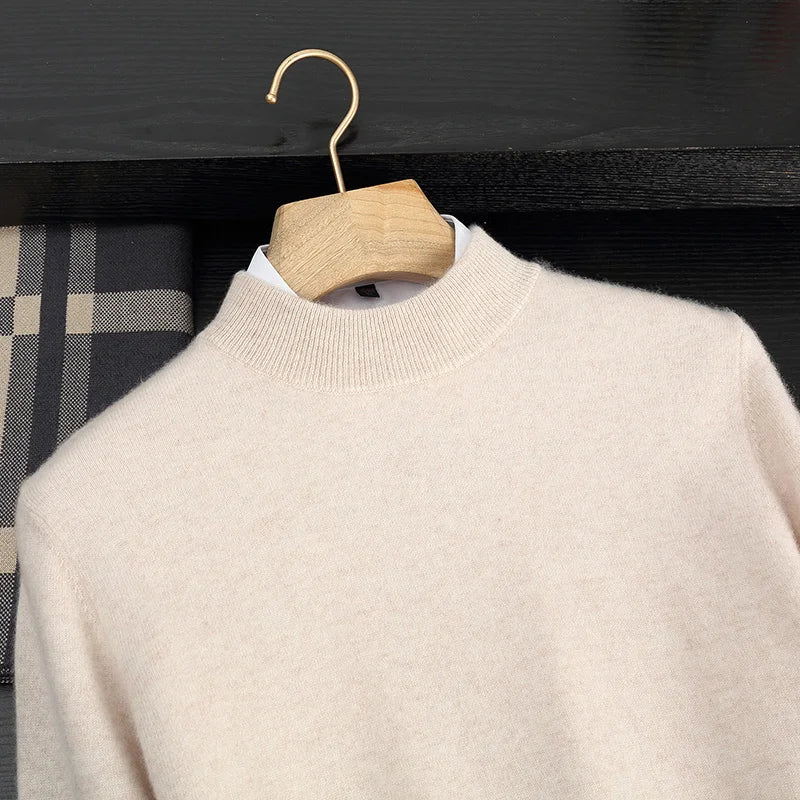Autumn and Winter Half-high Neck 100% Pure Wool Men's Long Sleeve Leisure Sweater Knitwear