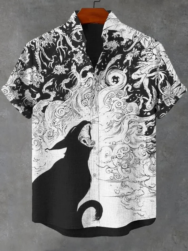 Men's new retro linen short sleeved shirt with giant monster pattern printed casual and comfortable button top