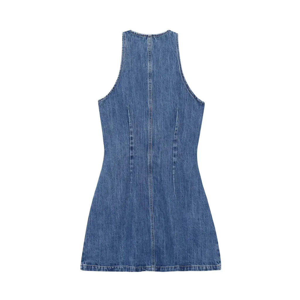 Women Denim Short Dress Round Neck Sleeveless Vest Style Single Breasted Design Solid Color Simple Daily Casual Versatile Dress