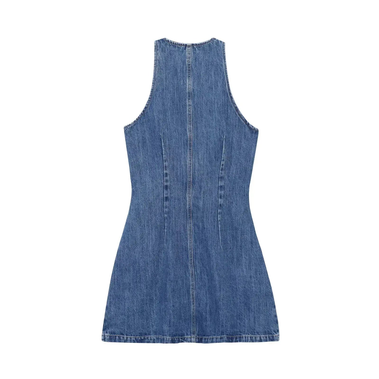 Women Denim Short Dress Round Neck Sleeveless Vest Style Single Breasted Design Solid Color Simple Daily Casual Versatile Dress