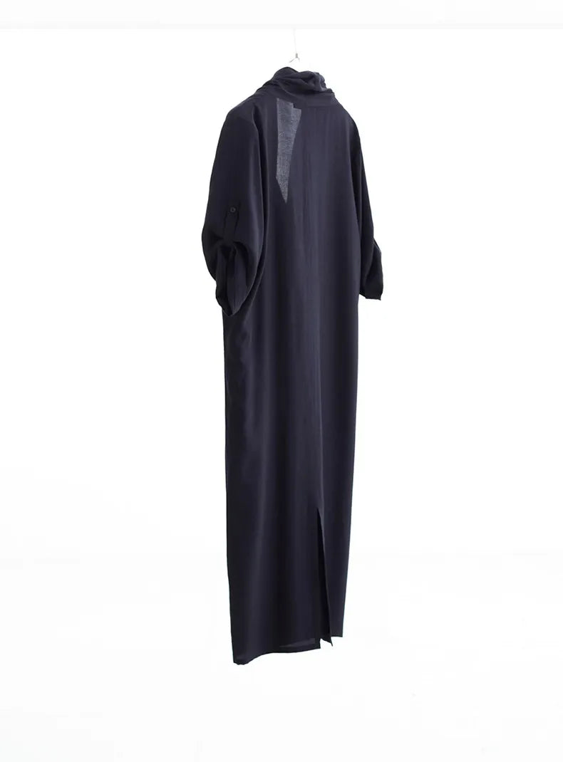 New Chinese-Style Dress~Draped Collar Navy Blue Pleated Dress, Summer Slimming and Elegant Long Dress for Women
