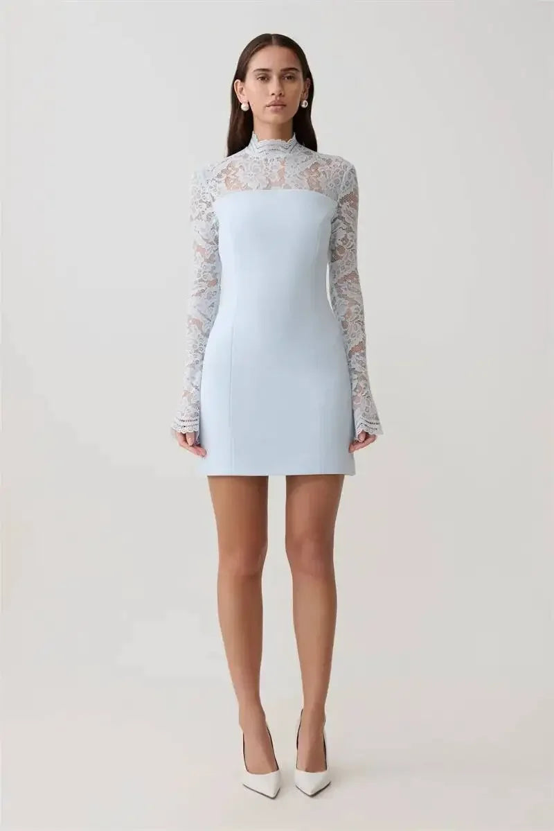 Women Elegant Lace Patchwork Sexy Mini Dress Fashion High Neck Long Flare Sleeve Backless Bodycon Club Party Dresses