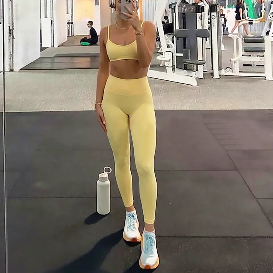 2PCS Yoga Set Outfit For Women Strappy Back Sports Bra Nude Athletic Leggings Fitness Gym Exercise Running Wear XP108