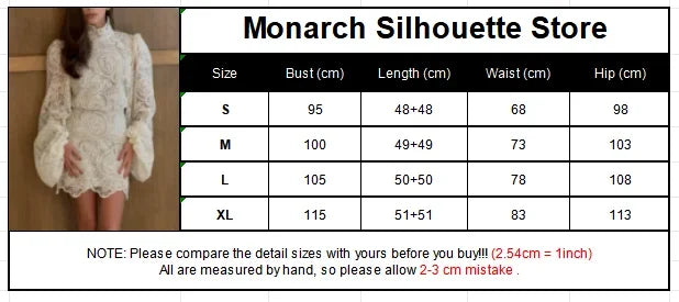 Women Solid Hollow Out Lace Mini Dress High Collar Flare Long Sleeves Short Vestidos Chic Lady Elegant Night Party Club Gowns