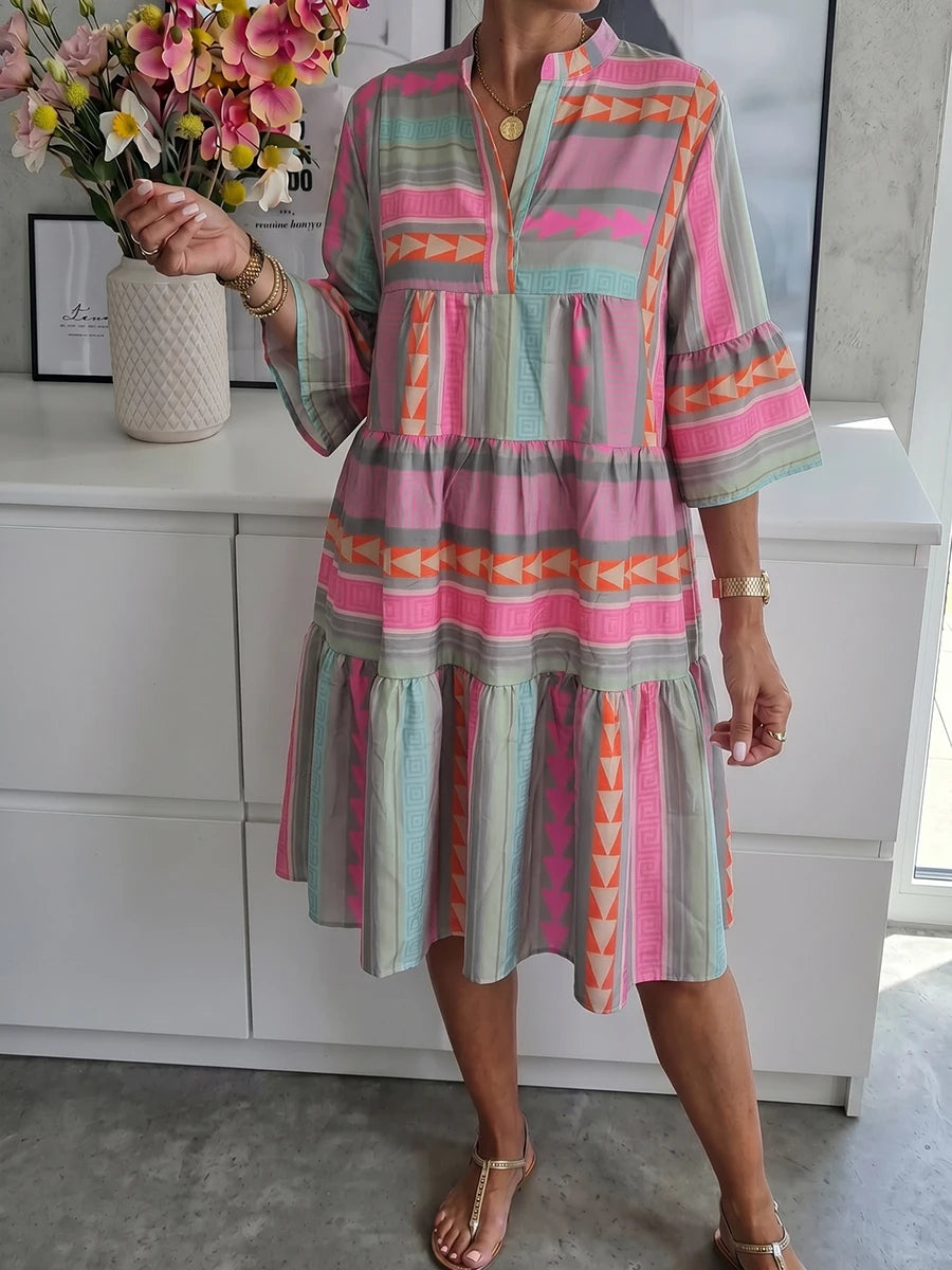 2026 Summer Women Boho Geometric Tiered Midi Dress  Flare Sleeve Contrast Patchwork Loose  Beach Vacation Women's Casual Dresses