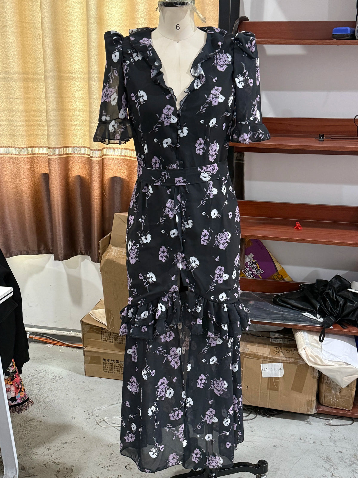 Organza Floral Printed Maxi Dress Women V Neck High Split Puff Sleeve Waist Cinching Ruffle Long Dresses Vacation Summer Outfits