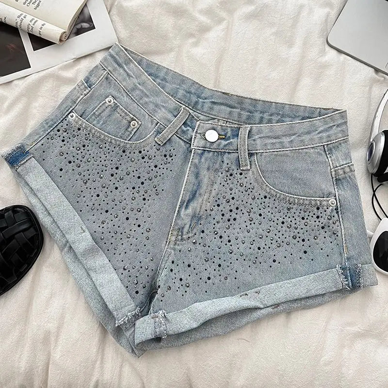 Retro Fashion Rhinestone Denim Shorts Women Pink Summer New A-Line Wide Leg Jeans Ultra Short For Hot Girls Bottoms