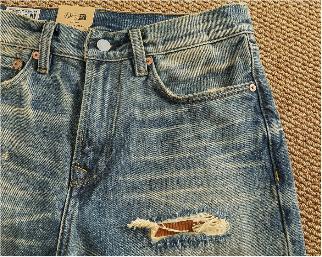 2025 Autumn New American Retro Heavyweight Ripped Denim Men's Fashion 100% Cotton Washed Old Straight Tapered Casual Jeans