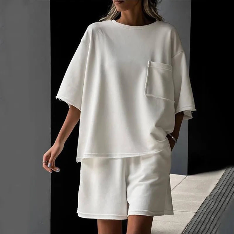 Women Two Piece Sets Short Sleeve Round Neck Loose T-shirts+Wide Leg Shorts Summer Female Sports Outfits Casual Loose Tracksuit
