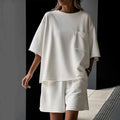 Women Two Piece Sets Short Sleeve Round Neck Loose T-shirts+Wide Leg Shorts Summer Female Sports Outfits Casual Loose Tracksuit