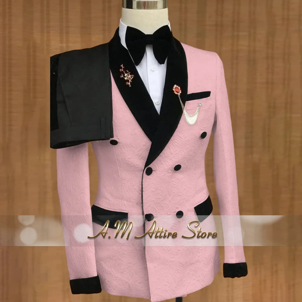 Luxury Wedding Attire for Men Tailored White Jacquard Suit with Black Velvet Shawl Lapel Accents for Grooms & Bridal Party 2PCS