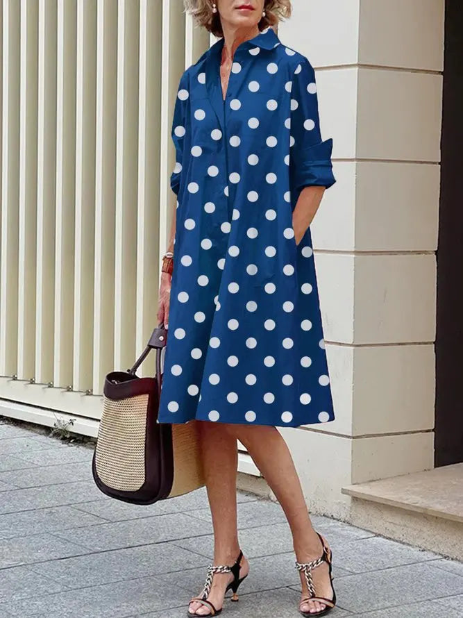 Uoozee Women's Fashion Polka Dot Lapel Shirt Dress 2026 New Spring Long Sleeves Loose Elegant Urban Casual Office Midi Dresses