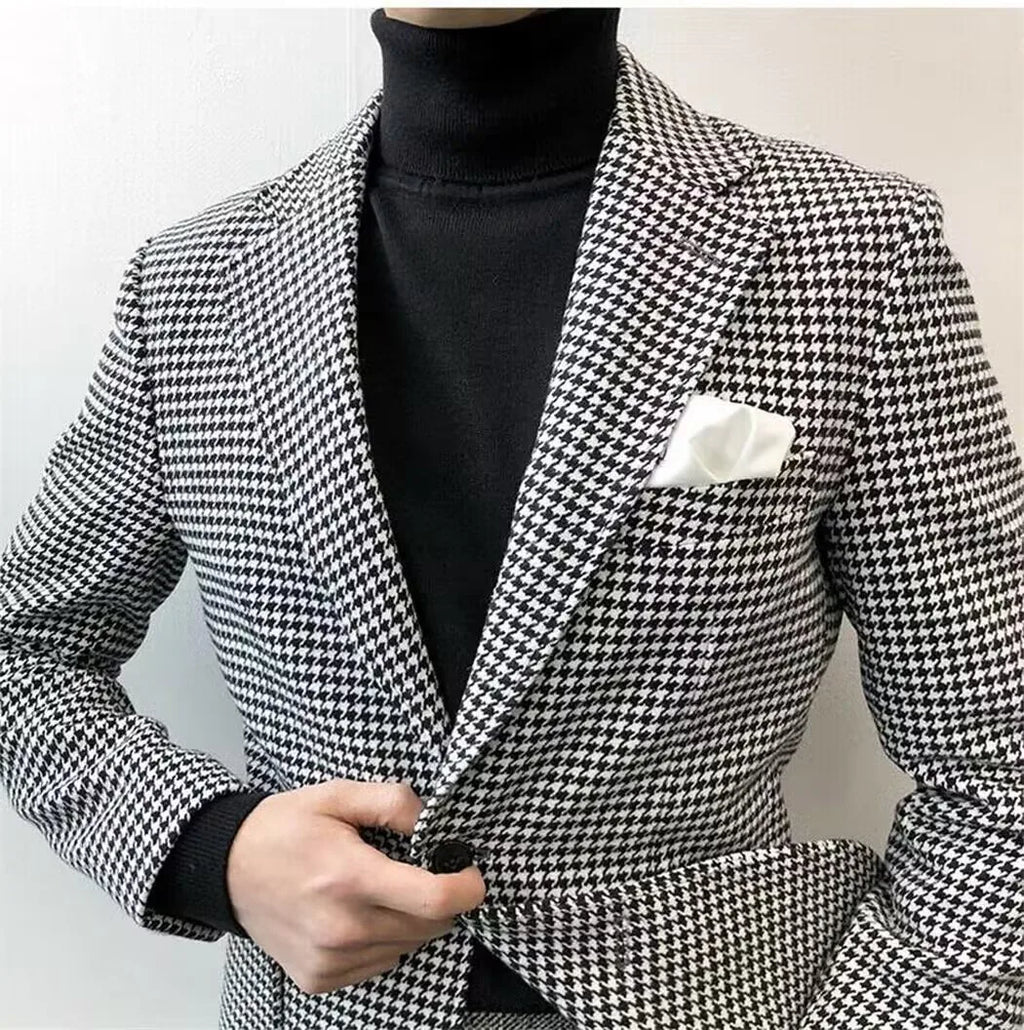 Slim Fit Casual Men's Blazer Houndstooth Fashion Style Business Man Suit Jacket Notch Lapel 1 Pc Check Wedding Coat for Prom