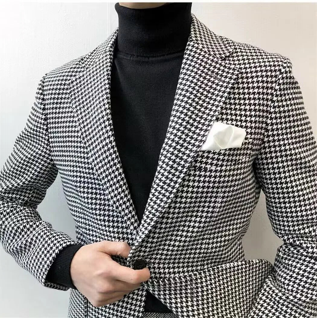 Slim Fit Casual Men's Blazer Houndstooth Fashion Style Business Man Suit Jacket Notch Lapel 1 Pc Check Wedding Coat for Prom