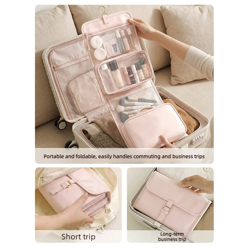 Large Capacity Hanging Toiletry Bag for Women, Waterproof Travel Cosmetic Organizer with Dry Wet Separation Folding Wash Pouch
