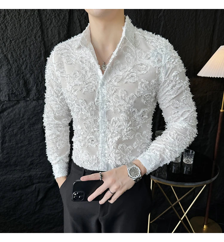 Tassels Shirts For Men Korean New Autumn Winter Long Sleeve Men's Social Shirt Slim Fit All Match Plain Color Blouse Homme 4XL-M