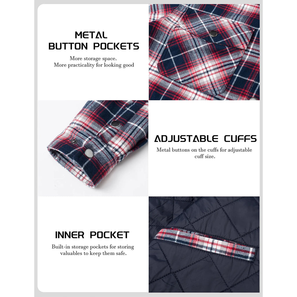 MAGCOMSEN Flannel Shirt with Quilted Lined Jacket Mens Long Sleeve Plaid Shirt Coat Button Down Outerwear Winter Male