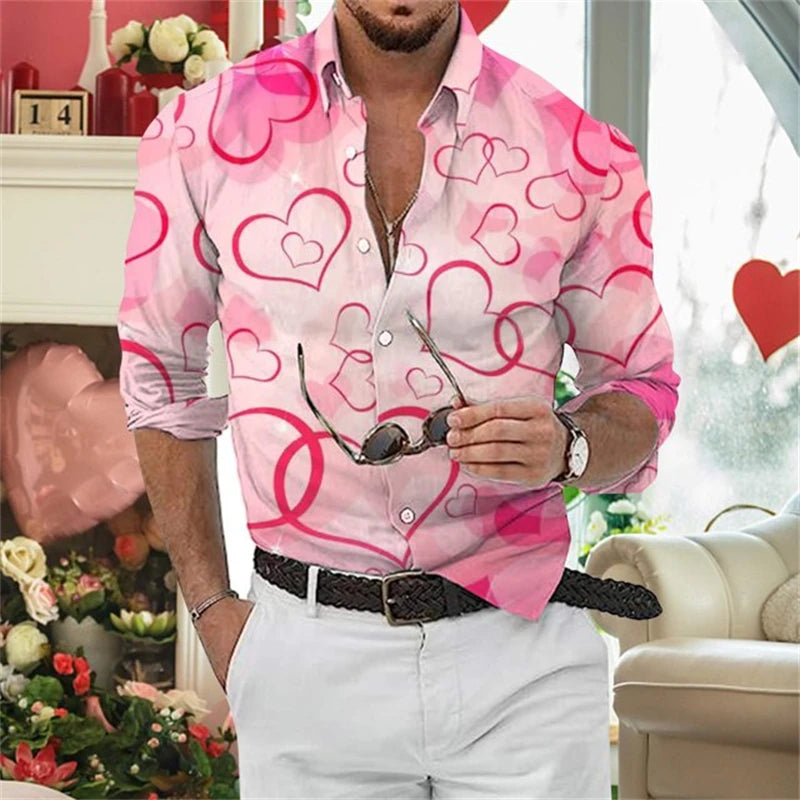 Valentine'S-Day Men Long Sleeve Shirts Couple Blouses 3D Print Love Heart Graphic Casual Lover Tops Festive Vacation Men Clothes