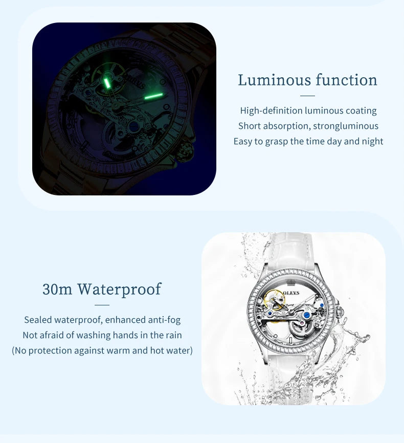 OLEVS Couple Watches Original Fully Transparent Skeleton Automatic Mechanical Watches For Men Women Lover's Gift Luxury Watches