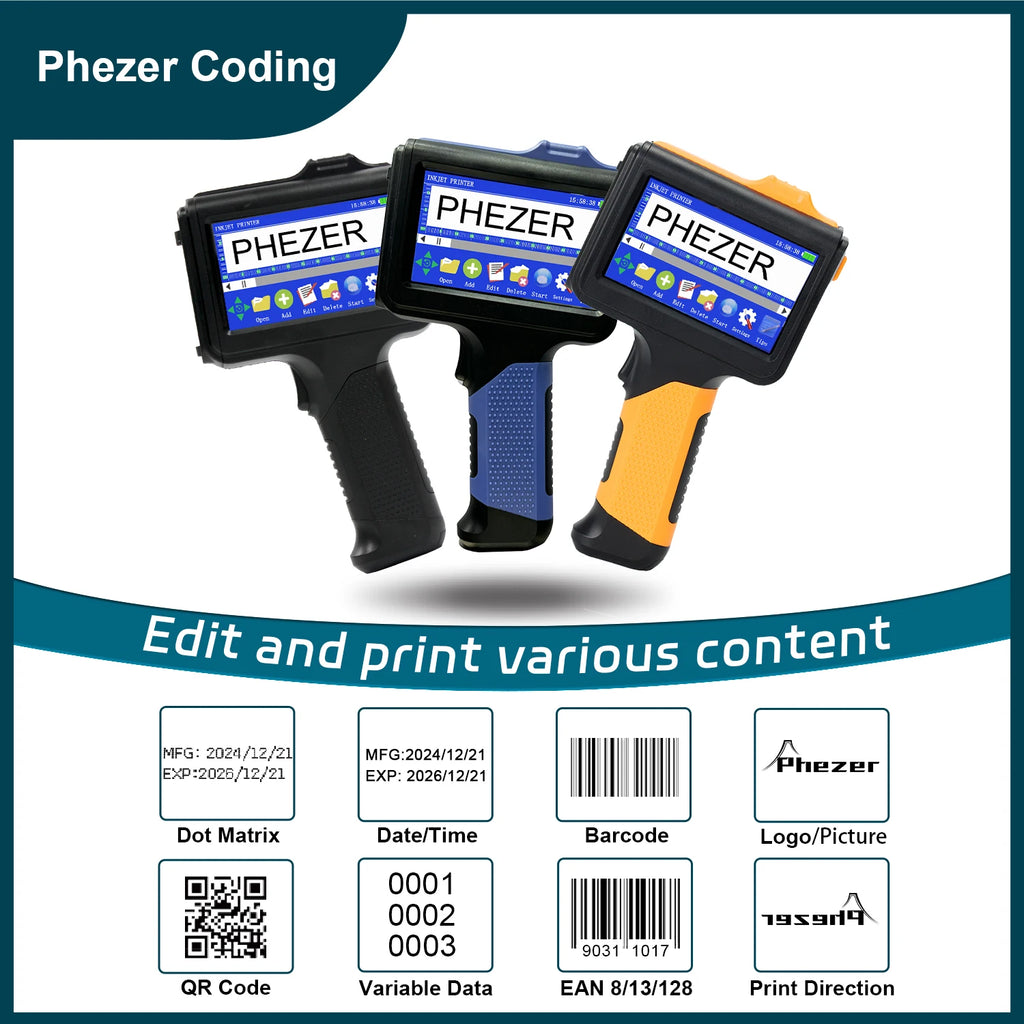 For Hp Phezer 12.7mm Portable P19 Handheld Inkjet Printer Three Colors Printer QR Bar Batch Code Date Number Logo Expiry Date