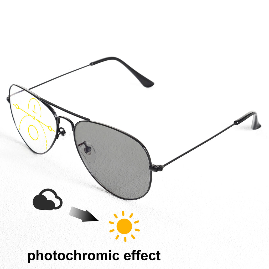 Classic Pilot Photochromic Progressive Multifocal Reading Glasses Men Women Metal Frame Anti Blue Light Presbyopia Eyeglasses