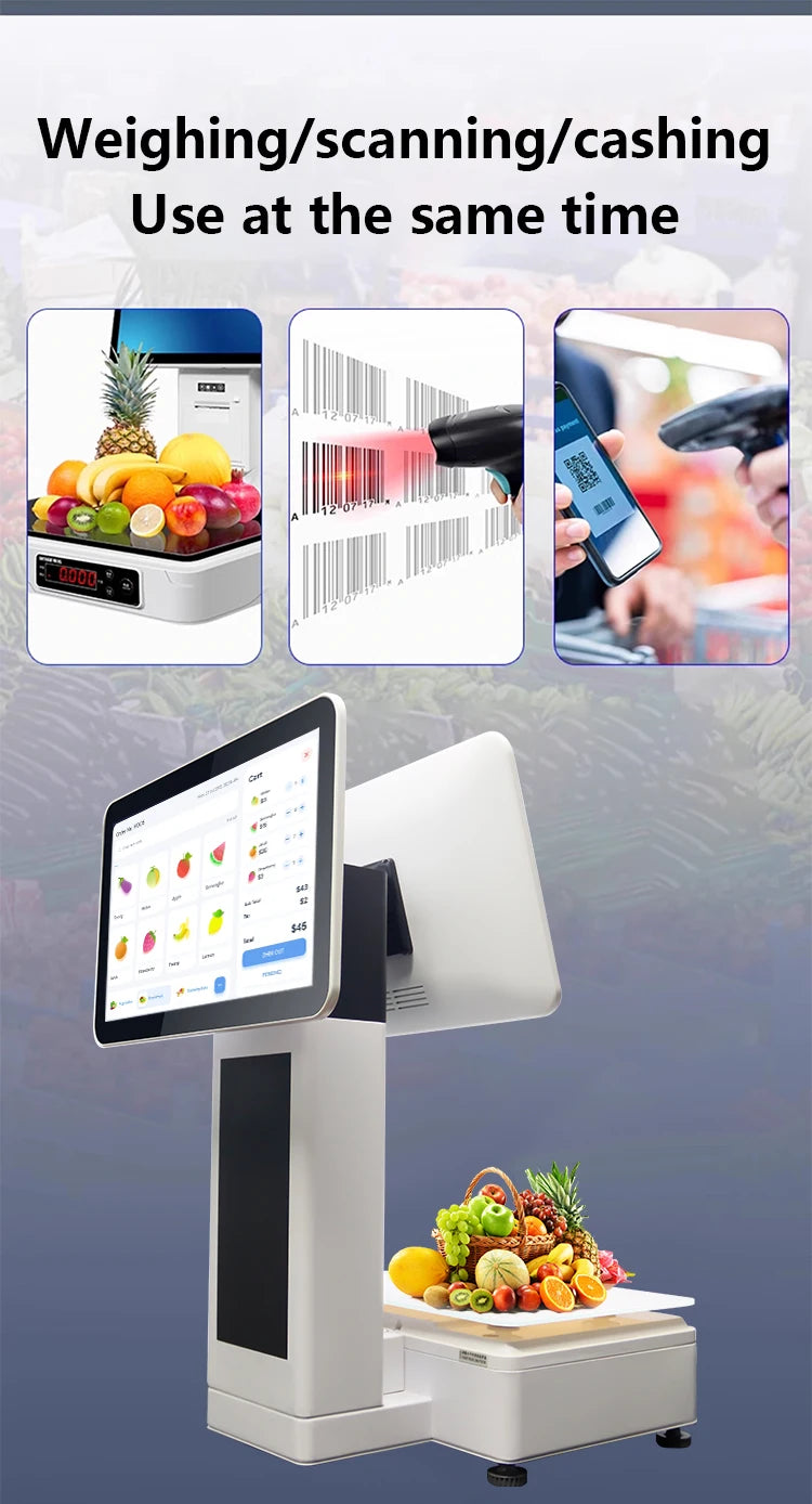 15.6 Inch Dual Touch Screen Desktop POS Terminal All in One PC with Printer Electronic Weighing Scale Supermarket