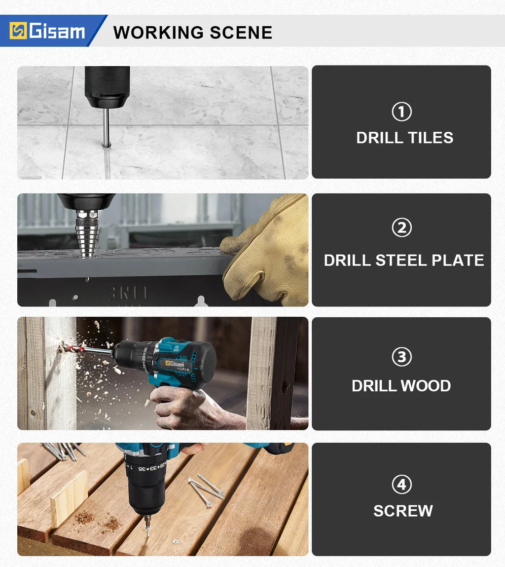 Gisam 13mm 35+3 Torque Brushless Electric Impact Drill Cordless Drill Electric Screwdriver Power Tool For Makita 18V Battery Pin