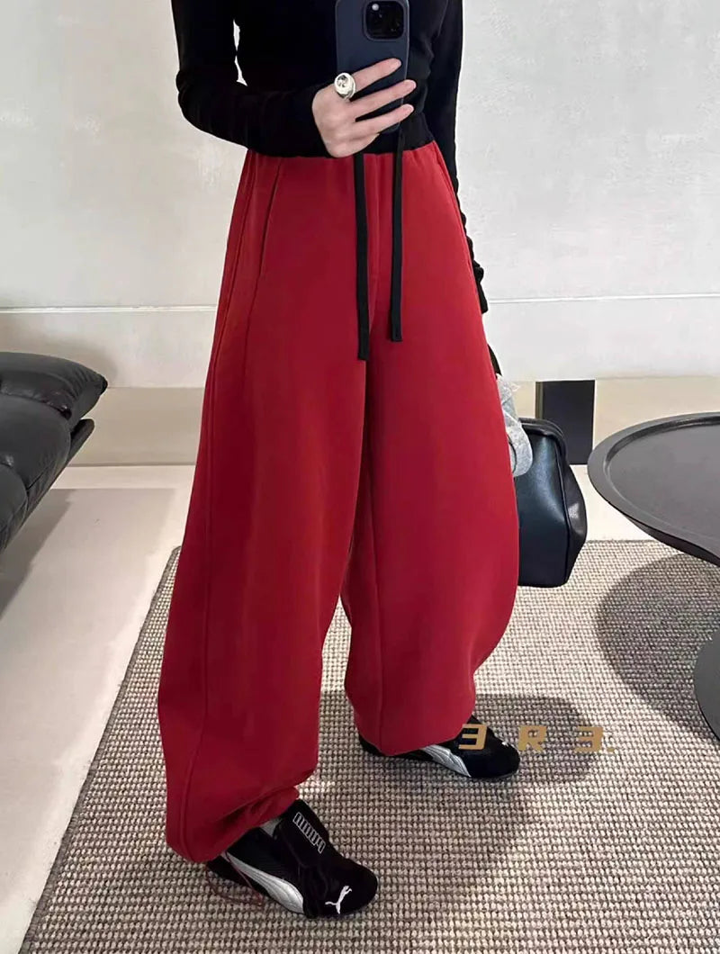Women Drawstring Baggy Sweatpants High Waist Loose Wide Leg Curved Trousers Casual Soft Streetwear Jogger Pants for Daily Wear